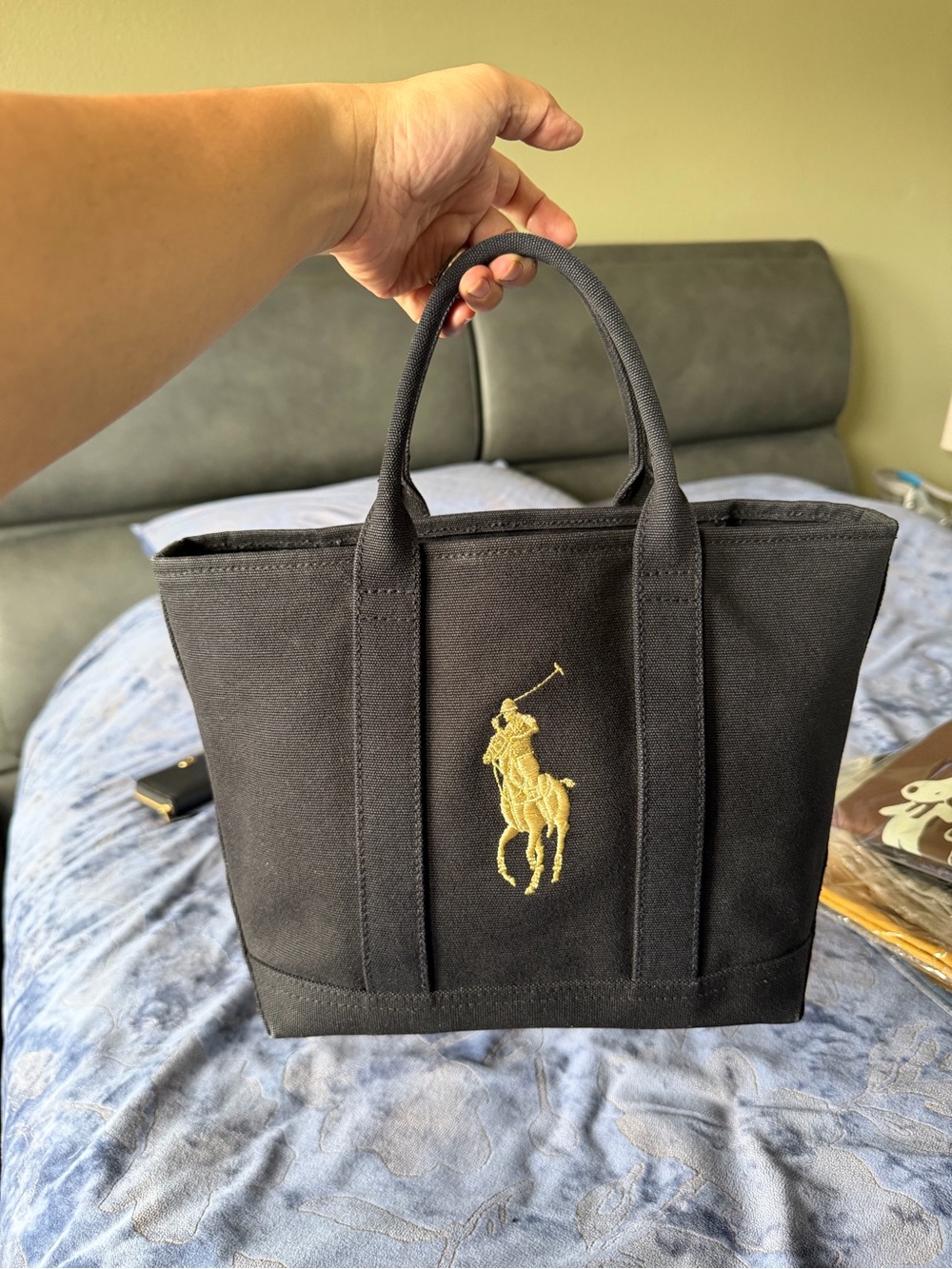 Polo by Ralph Lauren Black Canvas Tote with Gold Pony Embroidery